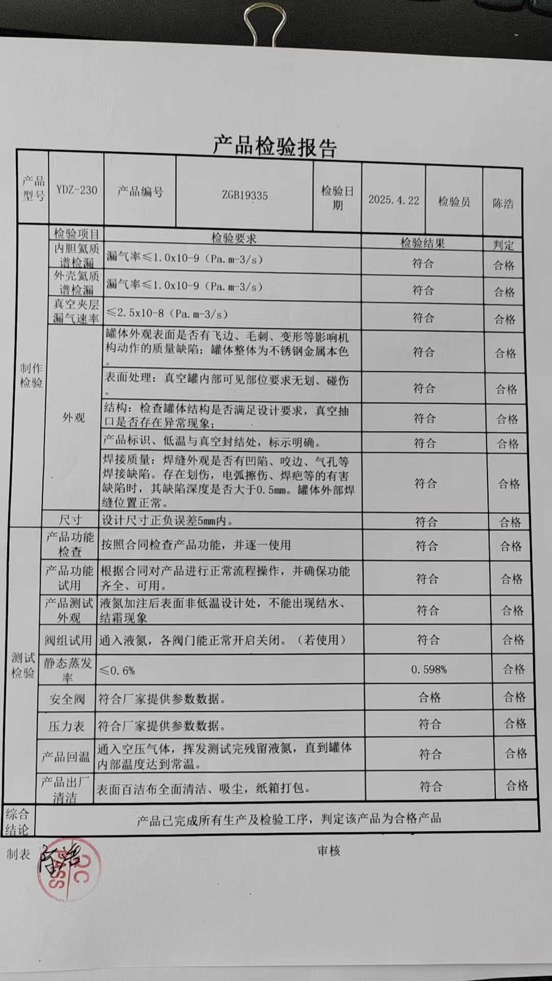 液氮罐質檢表